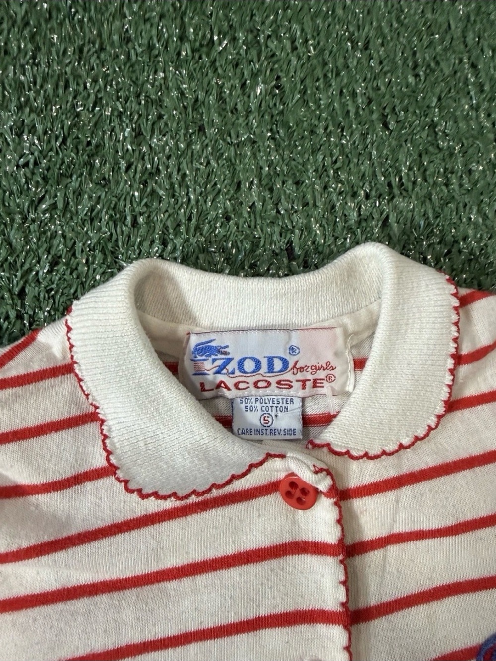 VTG Izod Lacoste Striped Polo Shirt Collar Girl Size 5 Pink Alligator Button Up - Picture 5 of 7
